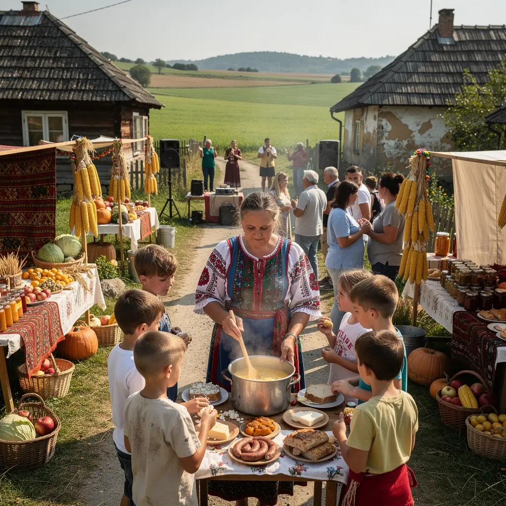 A vibrant market scene showcasing local vendors selling fresh produce and traditional Romanian foods.