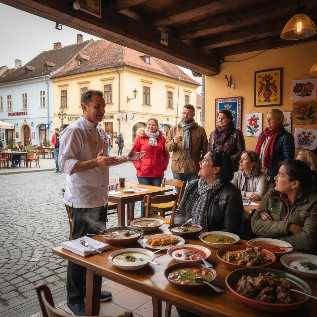 A picturesque view of a traditional Romanian dish being served at a local restaurant during a food tour.