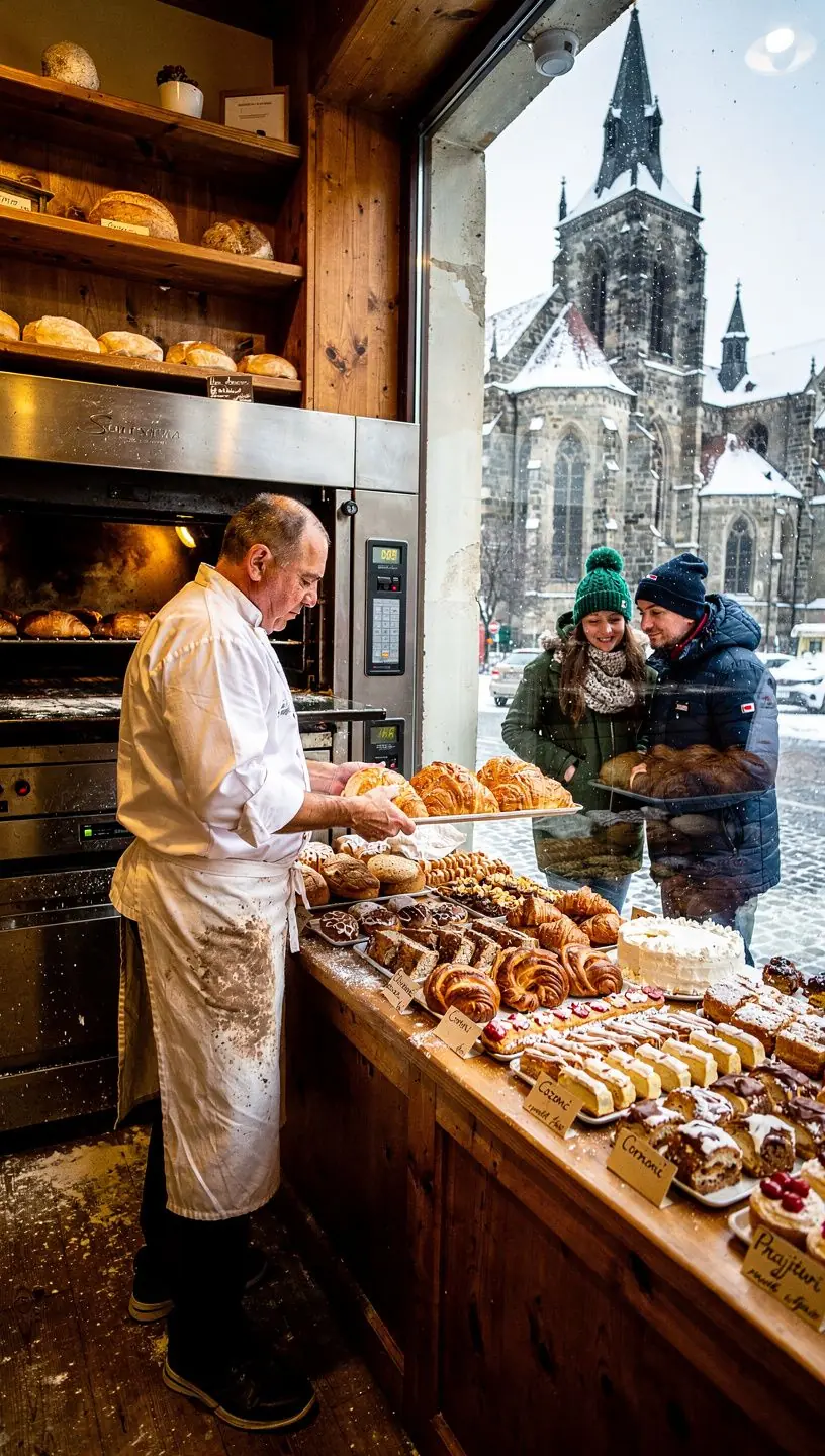An enthusiastic group of tourists sampling various Romanian delicacies at an outdoor food festival.